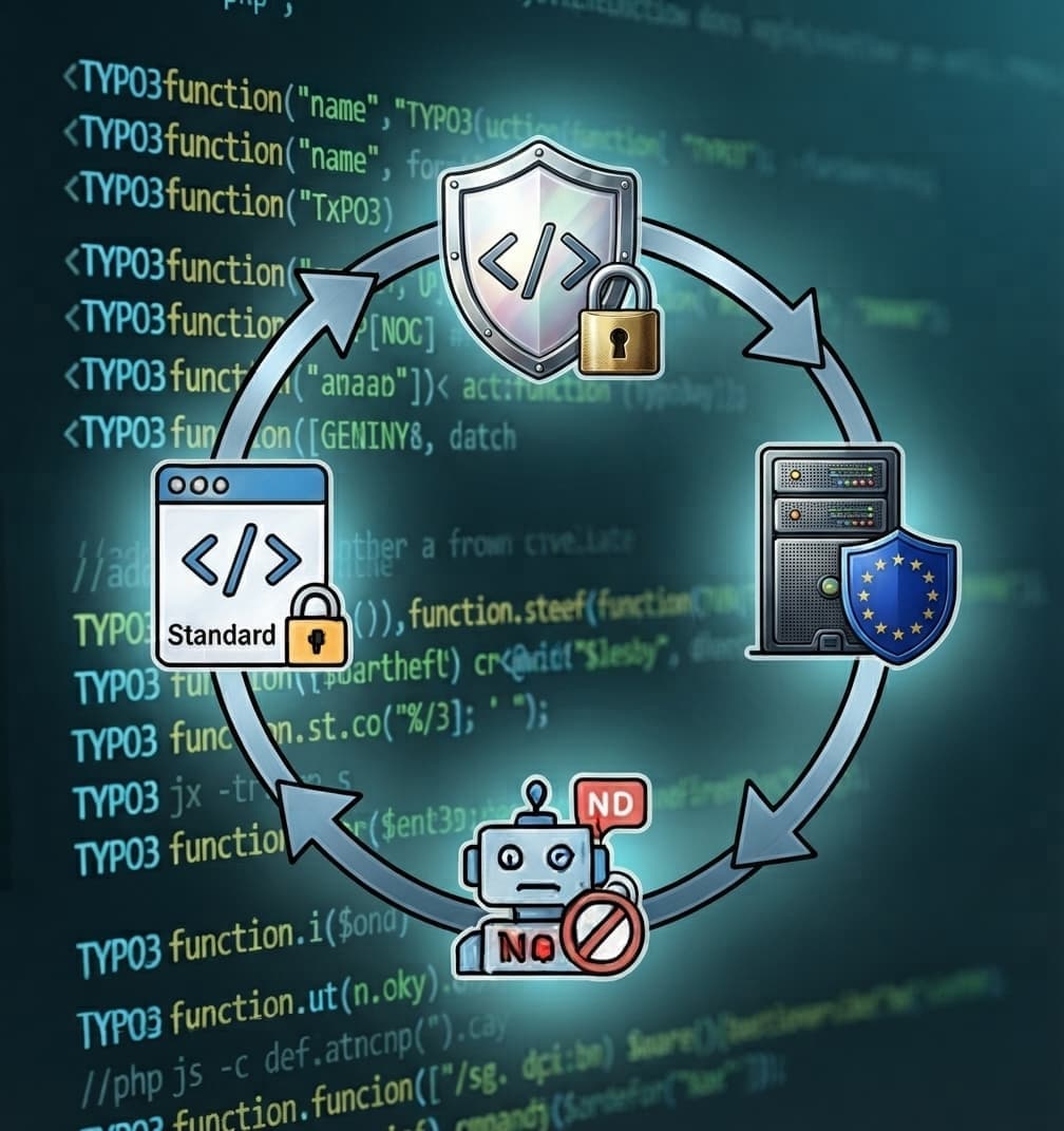 Illustration: vier Symbole in einem Kreislauf — ein Schutzschild über Code, ein Server mit EU-Flagge, ein durchgestrichener Roboter und ein Browserfenster mit Standard-Code, davor eine unscharfe Wand aus TYPO3-Quelltext.